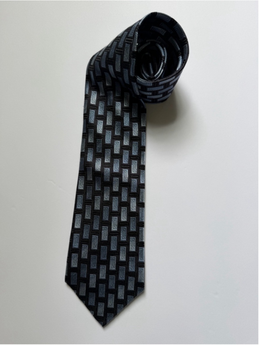 Polifroni Milano 100% Silk Tie Black Silver Geometric Wide Necktie